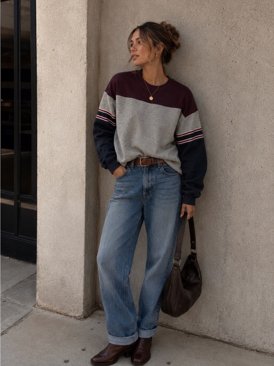Harlow Tops - Harlow Colorblock Crewneck Sweatshirt in Gray, Navy & Burgundy